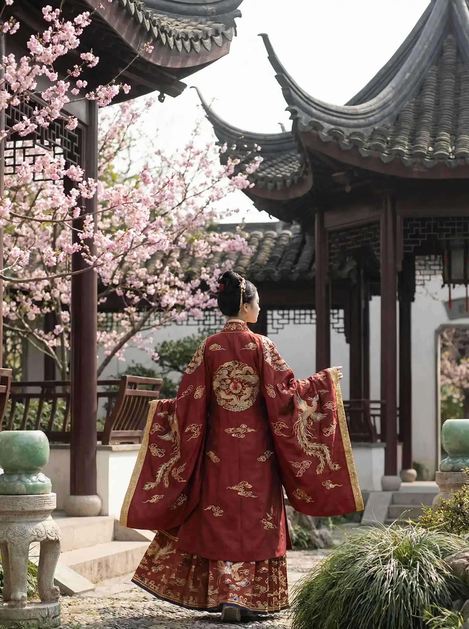 张津瑜 落地窗 明制汉服红色凤凰刺绣